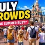 Disneyland Paris July crowds guide showing busy summer park with large crowds walking toward castle in bright sunshine