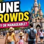 Disneyland Paris June crowds guide with family walking toward castle in sunny weather and moderate crowds