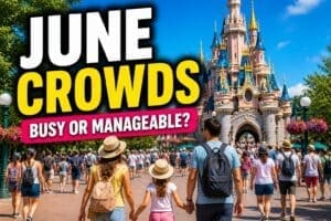 Disneyland Paris June crowds guide with family walking toward castle in sunny weather and moderate crowds