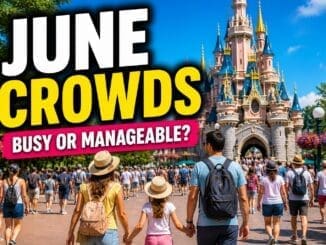 Disneyland Paris June crowds guide with family walking toward castle in sunny weather and moderate crowds