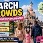 Disneyland Paris March crowds guide with family walking toward castle in spring sunshine and lighter weekday crowds