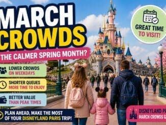 Disneyland Paris March crowds guide with family walking toward castle in spring sunshine and lighter weekday crowds
