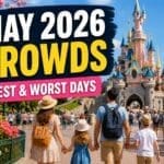 Disneyland Paris May 2026 crowds guide with family walking toward castle in spring sunshine and light crowds