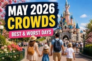 Disneyland Paris May 2026 crowds guide with family walking toward castle in spring sunshine and light crowds
