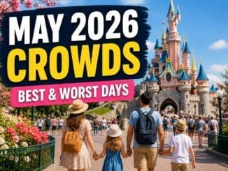 Disneyland Paris May 2026 crowds guide with family walking toward castle in spring sunshine and light crowds