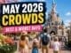 Disneyland Paris May 2026 crowds guide with family walking toward castle in spring sunshine and light crowds