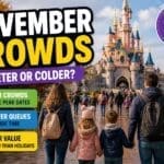 Disneyland Paris November crowds guide with family walking toward castle in autumn colours, moderate crowds and winter season starting badge