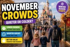 Disneyland Paris November crowds guide with family walking toward castle in autumn colours, moderate crowds and winter season starting badge