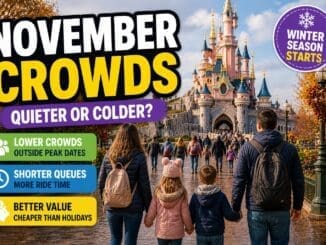 Disneyland Paris November crowds guide with family walking toward castle in autumn colours, moderate crowds and winter season starting badge