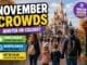 Disneyland Paris November crowds guide with family walking toward castle in autumn colours, moderate crowds and winter season starting badge
