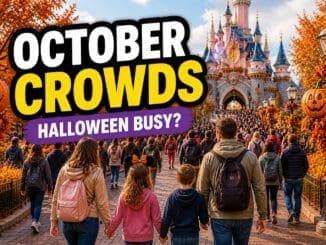 Disneyland Paris October crowds guide showing autumn park with Halloween decorations, pumpkins and moderate to busy crowds walking toward castle