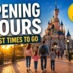 Disneyland Paris opening hours guide showing park entrance at sunrise with visitors arriving early