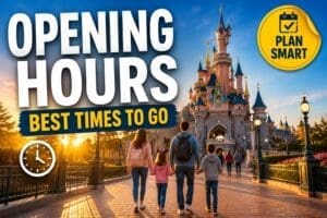 Disneyland Paris opening hours guide showing park entrance at sunrise with visitors arriving early