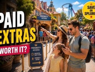 family deciding on theme park fast track and paid extras with queue and priority access area