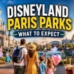 Disneyland Paris parks guide showing castle and Adventure World overview for first time visitors