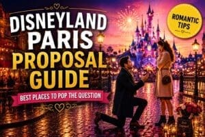 Romantic Disneyland Paris proposal at sunset with couple beside fairytale castle, fireworks, lanterns and magical evening atmosphere