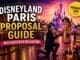 Romantic Disneyland Paris proposal at sunset with couple beside fairytale castle, fireworks, lanterns and magical evening atmosphere