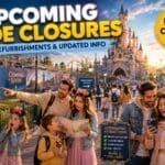 Family checking Disneyland Paris ride closures and refurbishment updates in front of a fairytale castle with construction walls, World of Frozen area and Disney Adventure World transformation in the background.