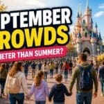Disneyland Paris September crowds guide showing moderate crowds with relaxed park atmosphere and mild sunny weather