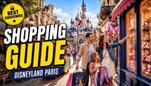 Family shopping for Disneyland Paris souvenirs on a colourful Main Street style shopping street with castle in background
