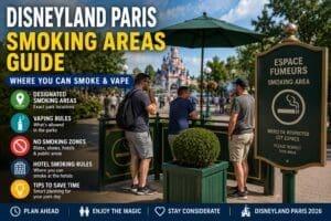Guests using a designated smoking area at Disneyland Paris near park walkways and outdoor seating areas