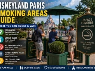 Guests using a designated smoking area at Disneyland Paris near park walkways and outdoor seating areas