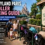 Families parking strollers outside Disneyland Paris rides with pushchairs lined up near attraction entrances