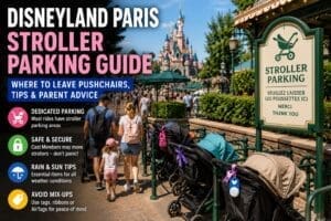 Families parking strollers outside Disneyland Paris rides with pushchairs lined up near attraction entrances