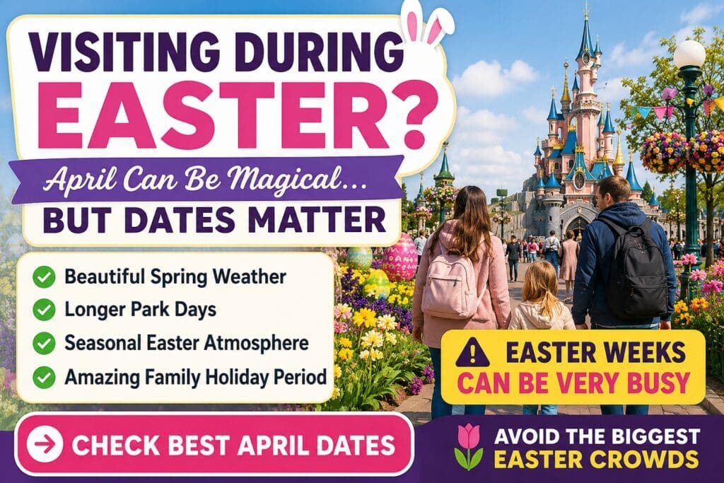 Family enjoying Disneyland Paris in April with spring flowers, Easter atmosphere, colourful decorations and sunny weather around the castle.