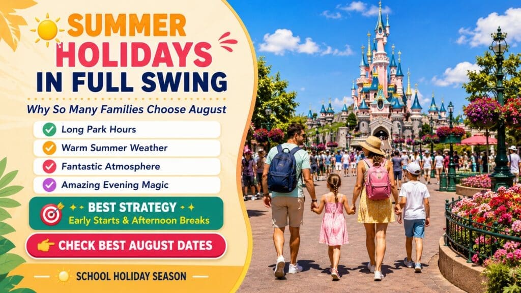 Travel planning infographic showing why August is a popular time to visit Disneyland Paris during the school holidays with warm weather, long park hours, summer atmosphere and families enjoying a sunny day near the castle.