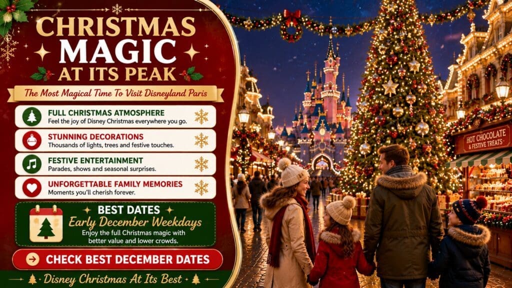 Travel planning infographic showing why December is the most magical time to visit Disneyland Paris with Christmas decorations, festive lights, giant Christmas tree, seasonal entertainment and families enjoying holiday magic near the castle.