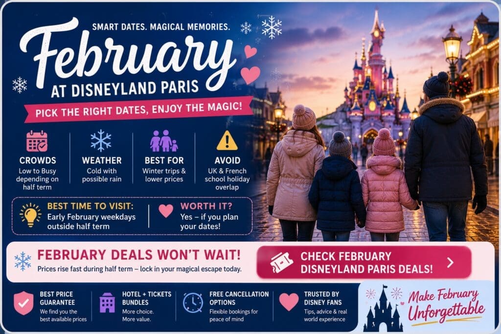 Promotional infographic for visiting Disneyland Paris in February showing winter crowds, half term planning tips, cheaper dates and family walking toward illuminated castle at sunset.