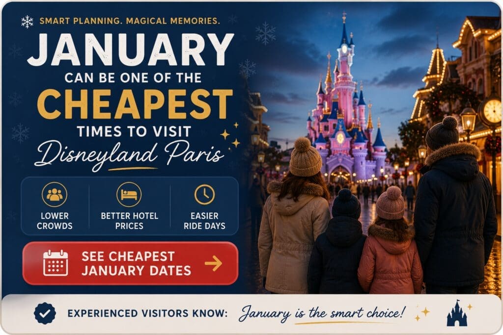 Family enjoying a quieter winter evening at Disneyland Paris in January with glowing castle lights, lower crowds and cheaper trip prices highlighted in promotional graphic.