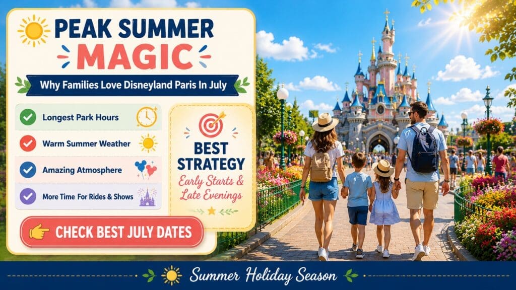 Travel planning infographic showing why July is a popular time to visit Disneyland Paris with warm summer weather, long park hours, busy atmosphere and a family enjoying a sunny day near the castle.