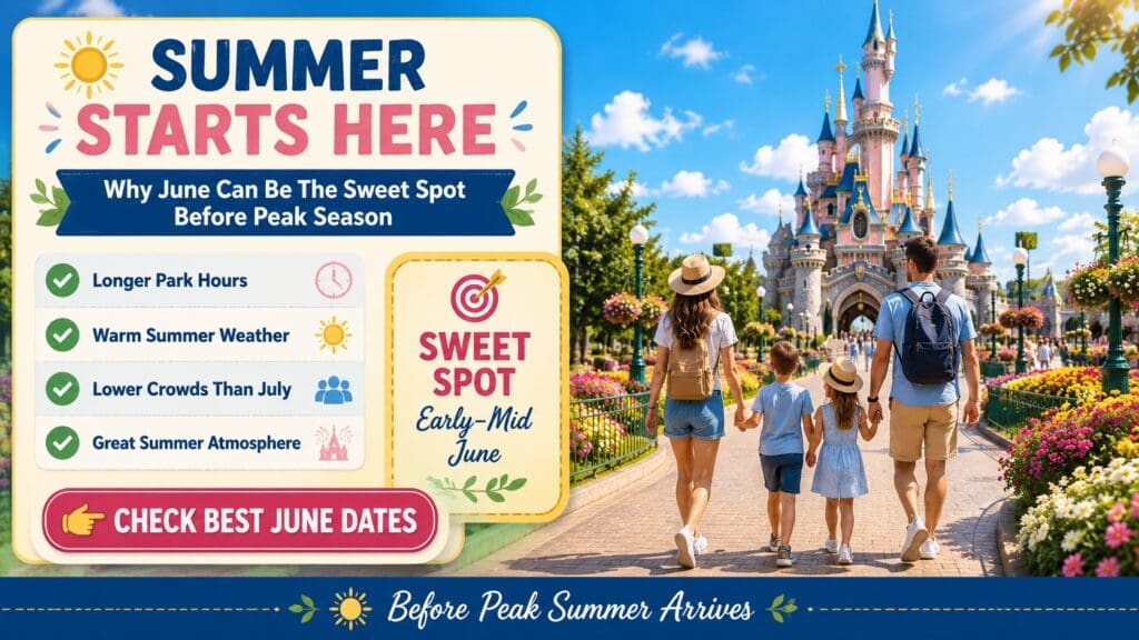 Travel planning infographic showing why June is a great time to visit Disneyland Paris with warm weather, longer park hours, lower crowds than July and a family enjoying a sunny day near the castle.