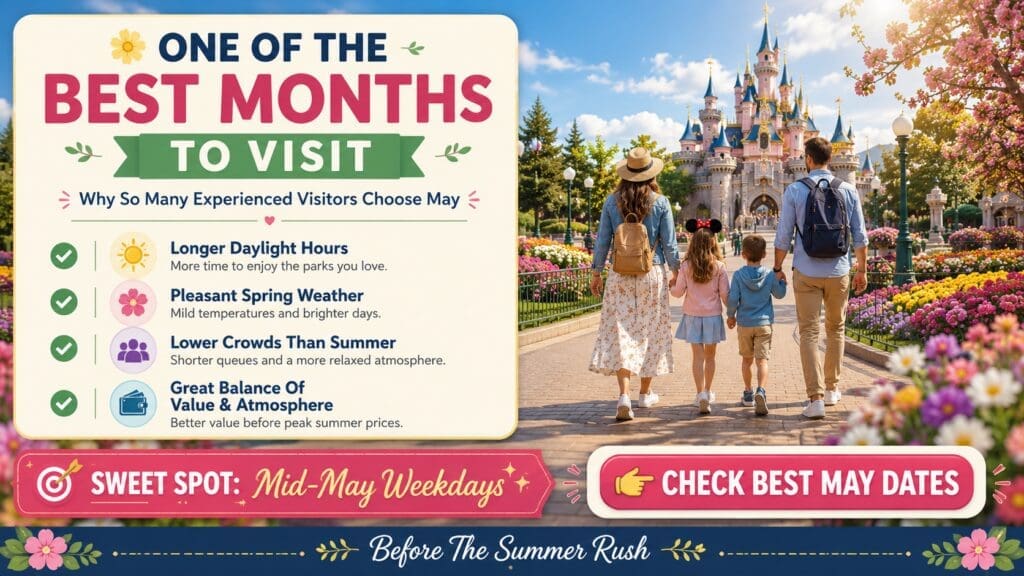 Travel planning infographic showing why May is one of the best months to visit Disneyland Paris with spring weather, colourful flowers, longer daylight hours and manageable crowds.