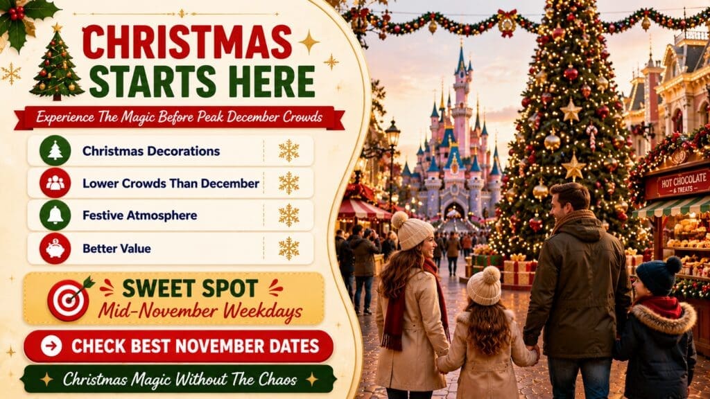 Travel planning infographic showing why November is a great time to visit Disneyland Paris with Christmas decorations, festive atmosphere, lower crowds than December, giant Christmas tree, seasonal market stalls and families enjoying holiday magic near the castle.