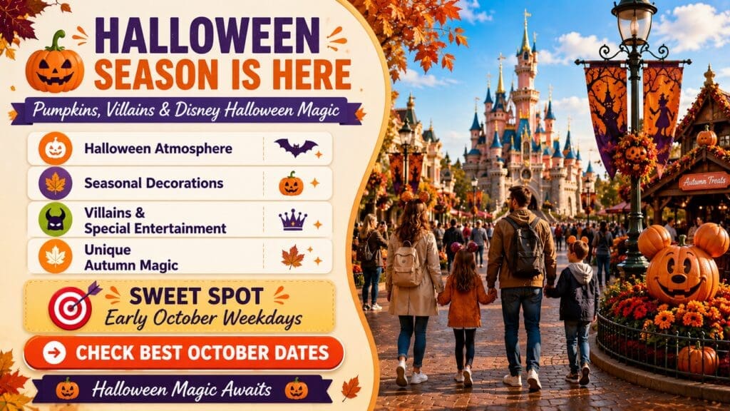 Travel planning infographic showing why October is one of the best times to visit Disneyland Paris with Halloween decorations, pumpkins, autumn colours, villain-themed entertainment and families enjoying seasonal atmosphere near the castle.