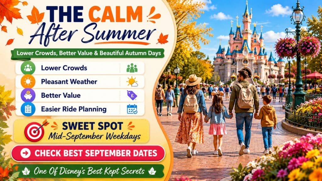 Travel planning infographic showing why September is one of the best times to visit Disneyland Paris with lower crowds, pleasant weather, better value and families enjoying a relaxed autumn day near the castle.