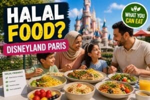 Halal food options at Disneyland Paris with vegetarian and seafood meals and family dining scene
