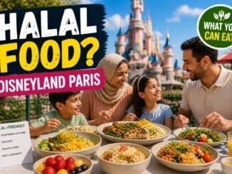 Halal food options at Disneyland Paris with vegetarian and seafood meals and family dining scene