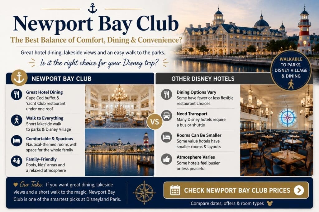 Disney Newport Bay Club hotel comparison banner showing lakeside dining, walkable park access and family-friendly rooms at Disneyland Paris