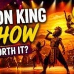 Lion King Rhythms of the Pride Lands show at Disneyland Paris stage performance with dancers and sunset background