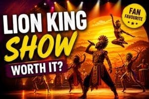 Lion King Rhythms of the Pride Lands show at Disneyland Paris stage performance with dancers and sunset background