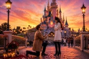 Romantic proposal at Disneyland Paris castle during sunset