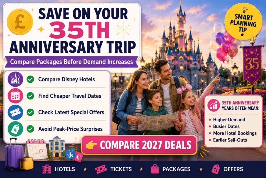Family comparing Disneyland Paris 35th Anniversary hotel packages, ticket offers and travel dates to save money on a 2027 holiday