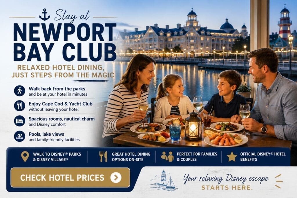 Family enjoying evening dining at Disney Newport Bay Club hotel beside Lake Disney at Disneyland Paris