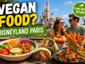 Vegan food at Disneyland Paris with plant-based meals and castle background