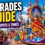 theme park parade with colourful floats and crowds watching in a fairytale park setting