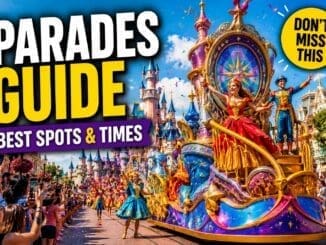 theme park parade with colourful floats and crowds watching in a fairytale park setting
